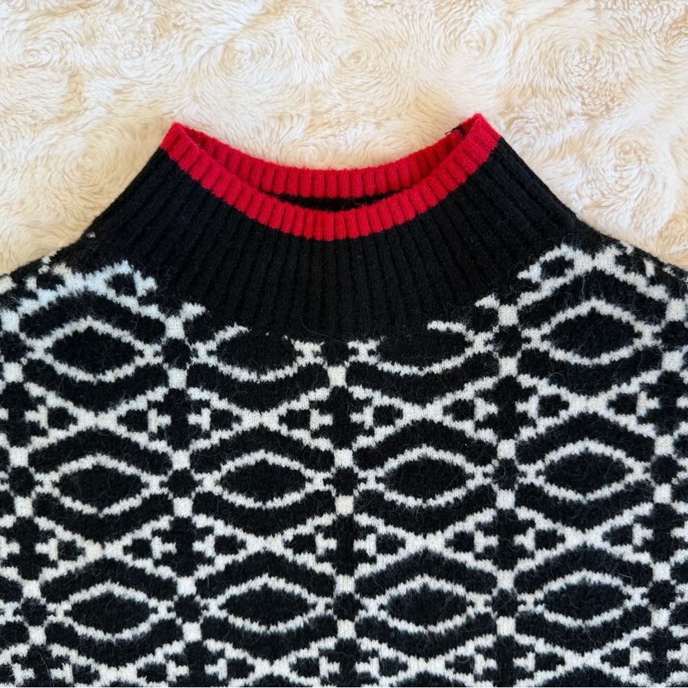 Talbots Black and White Geometric Sweater with Red Accents - Picture 4 of 7
